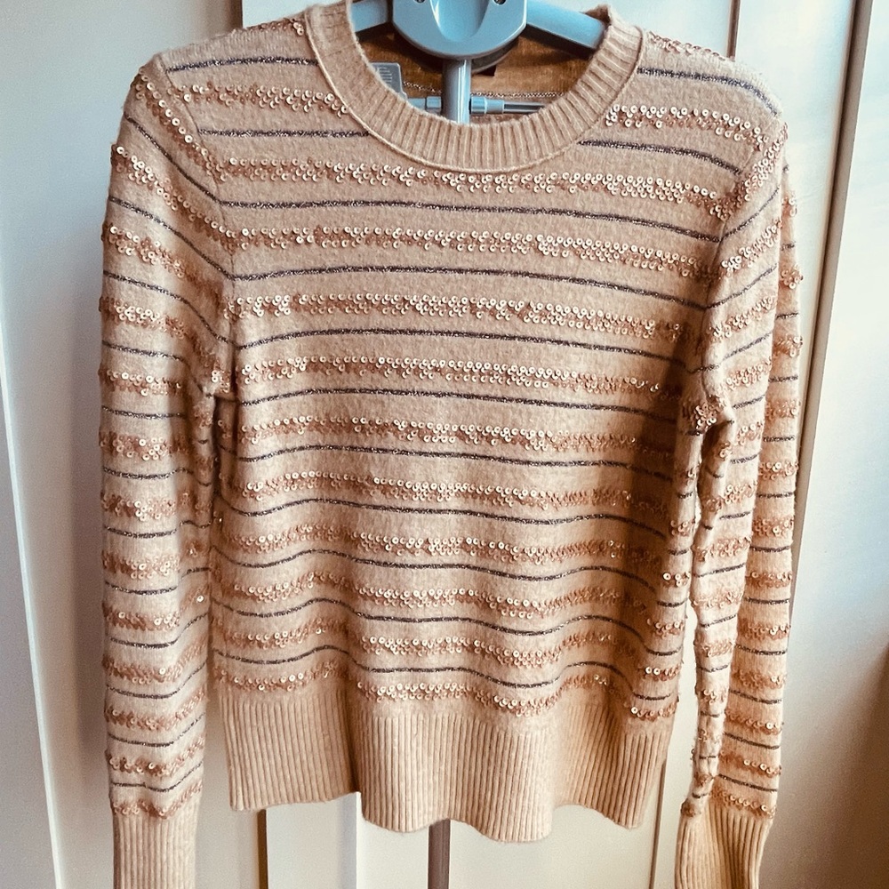 J. Crew Camel Sequin Stripe Crewneck Sweater